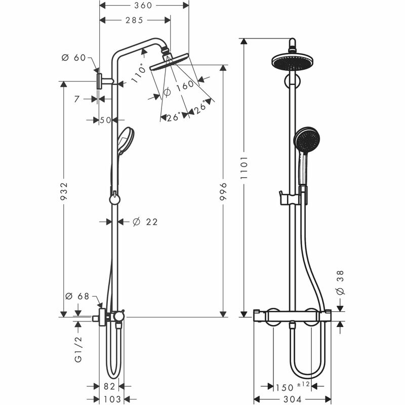 hansgrohe | Croma | 27135000 | Multiple | Complete Shower | Technical Drawing