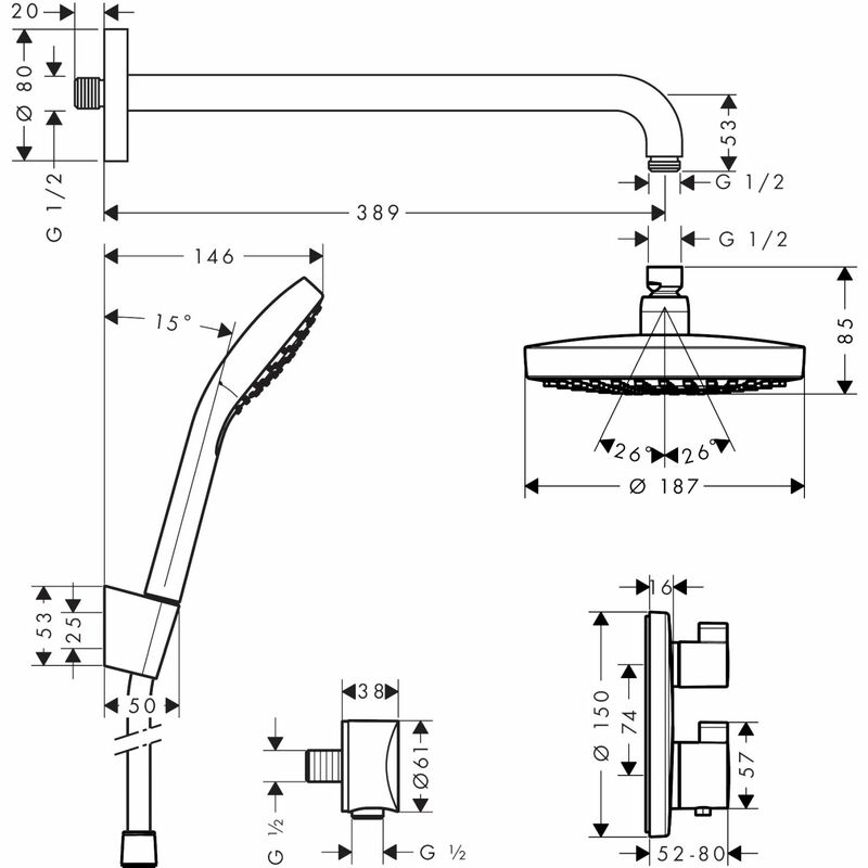 hansgrohe | Croma Select S | 27295000 | Multiple | Complete Shower | Technical Drawing