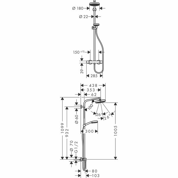 hansgrohe | Crometta | 27264400 | Single | Complete Shower | Technical Drawing