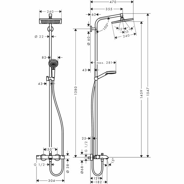 hansgrohe | Crometta E | 27298000 | Single | Complete Shower | Technical Drawing