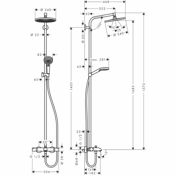 hansgrohe | Crometta S | 27320000 | Single | Complete Shower | Technical Drawing