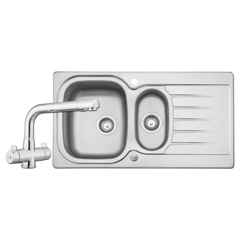 Rangemaster Eaton EA9502/TDR1 Stainless Steel Inset 950 x 508 Sink 1.5 Bowls With Aquadrift Dual Lever Monobloc Tap